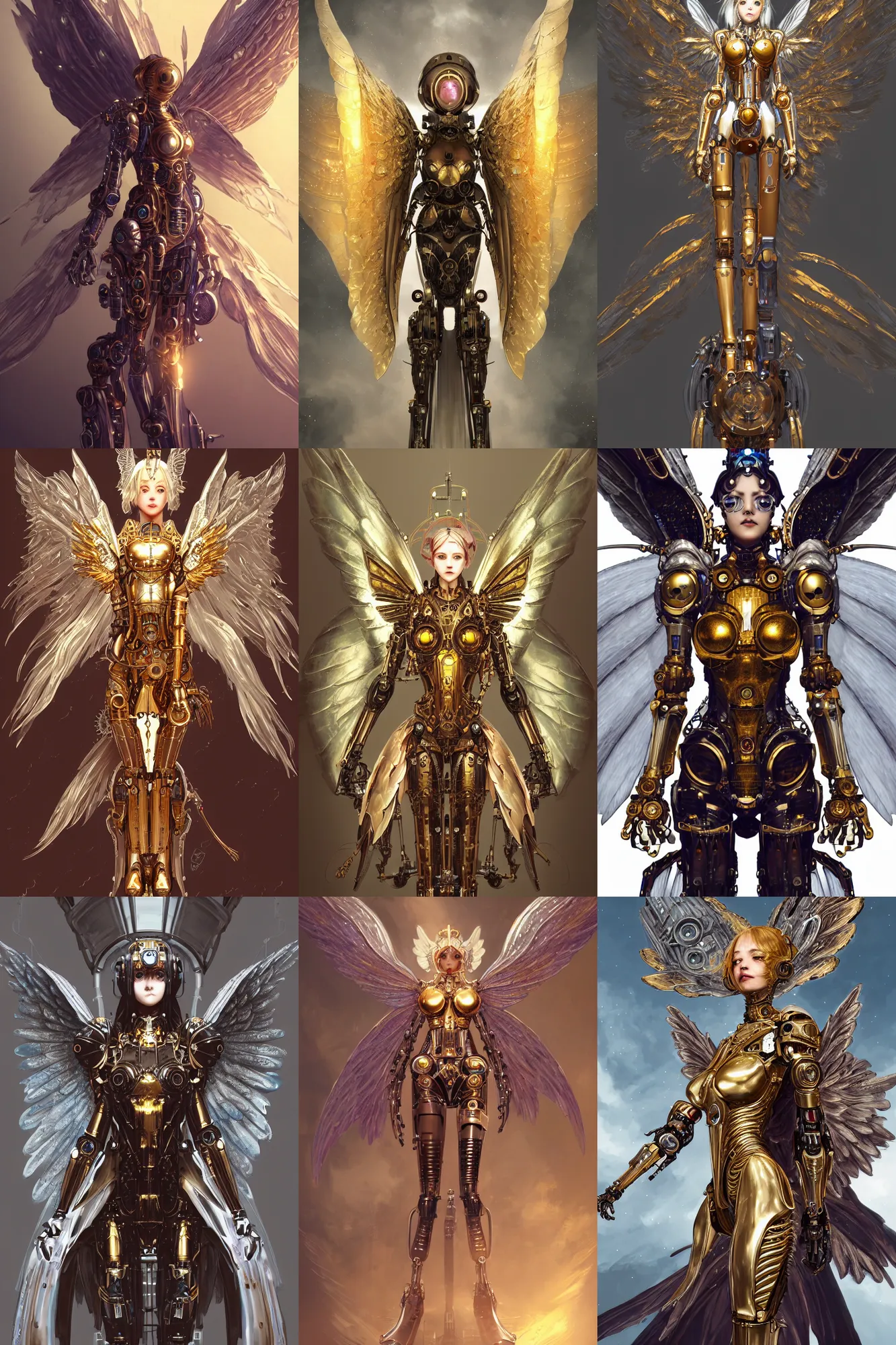 Prompt: character portrait of a Robotic Angel, steampunk, female, gear aurora, huge symmetric wings, metallic brass skin, golden empty eyes, science fantasy, high fantasy, by Akihiko Yoshida, James_Jean_Andrei_Riabovitchev_Marc_Simonetti, Yoshitaka Amano, digital illustration, artstation