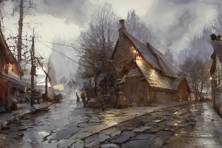 Prompt: watercolor painting of rustic village street, mud, scandinavian mythology, ambient lighting and shadows, art by hans dahl, by jesper ejsing, art by anders zorn, wonderful masterpiece by greg rutkowski, cinematic light, american romanticism by greg manchess, creation by tyler edlin