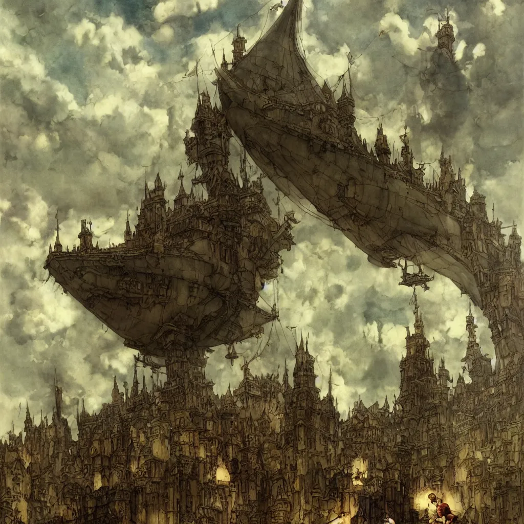 Image similar to Fantasy village, the inhabitant looking up at the sky. The sky is completely covered to the horizon by an incredibly huge airship-like ship. Extremely high detail, realistic, dark fantasy art, masterpiece, 8k, octane rendering, Arthur Rackham painting, art by Victoria Frances, Frank Frazetta.