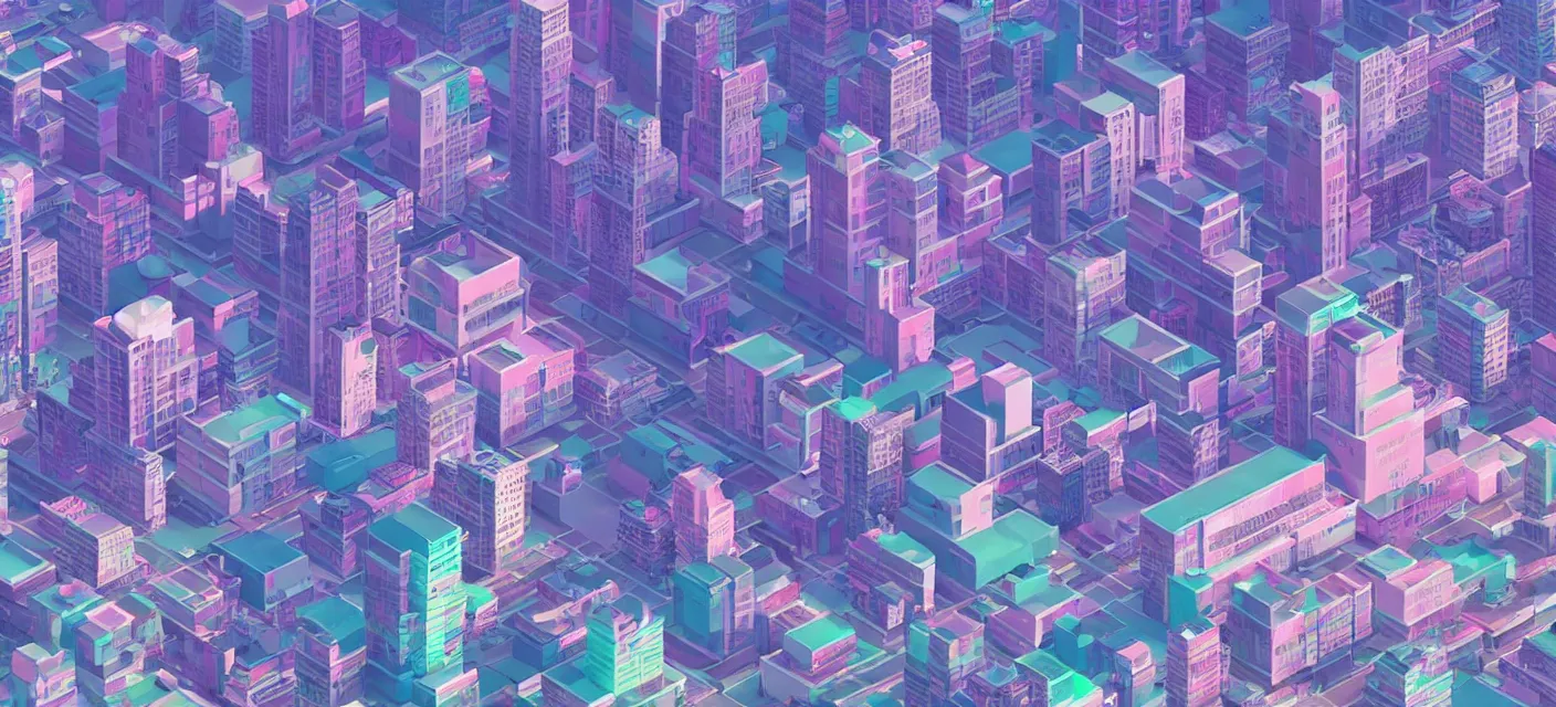 Prompt: vaporwave videogame city wallpaper, low poly, large,