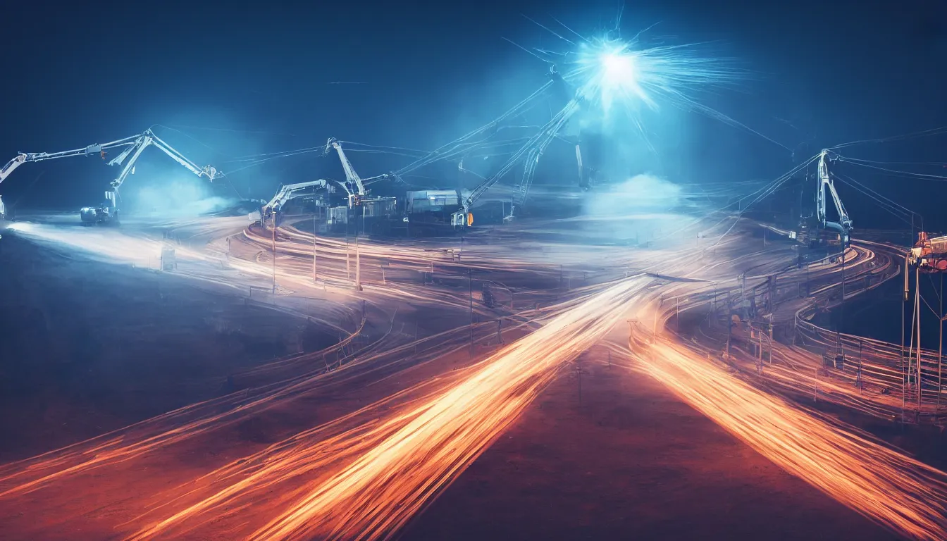 Prompt: of automobiles contained by barbwire fencing , huge machine cranes ,feedback loop , burst of powders ,volumetric lighting, twisting vapour, bellowing dust , emerging seascape and beautiful nighttime , full colour , upscale , 4k