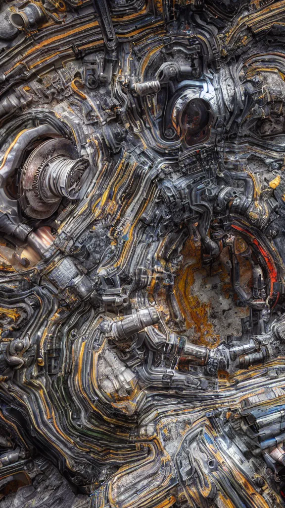 Image similar to cinematic ultra realistic photography of the complex magical machine embedded within the mountain, colourful sedimentary and igneous rock and marble, rock textures industrial machinery, pistons, pipes and valves, super conducters, circuitry. 8k 3D geology