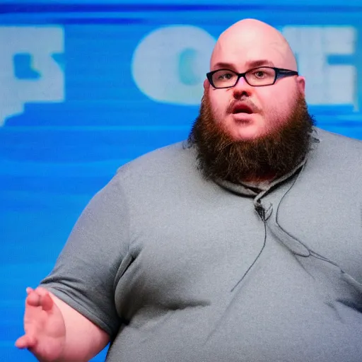 Prompt: realistic, detailed photograoh of a slightly overweight, bald man with dark - rimmed glasses giving a talk on stage at a conference in front of an audience.