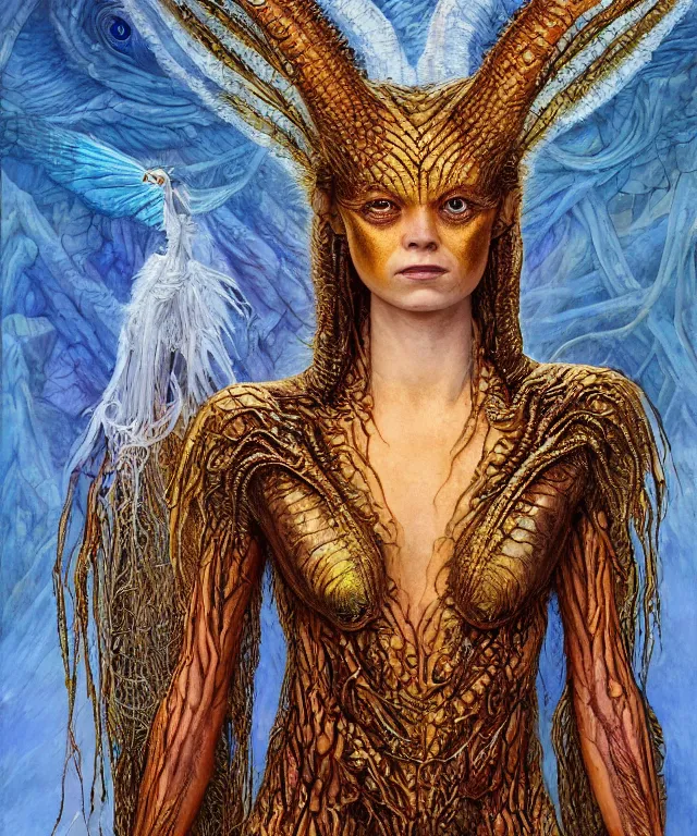 Prompt: a portrait photograph of a evil fierce sadie sink as a strong alien harpy queen with amphibian skin. she is dressed in a fiery lace shiny metal slimy organic membrane catsuit and transforming into a insectoid snake bird. by donato giancola, walton ford, ernst haeckel, peter mohrbacher, hr giger. 8 k, cgsociety