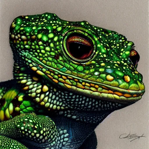 Image similar to Intricate five star Gecko facial portrait by Monica Lee, Colored pencil on paper, high detail, skin texture, photo realistic, hyperrealism,matte finish, high contrast, 3d depth, masterpiece, vivid colors, artstationhd