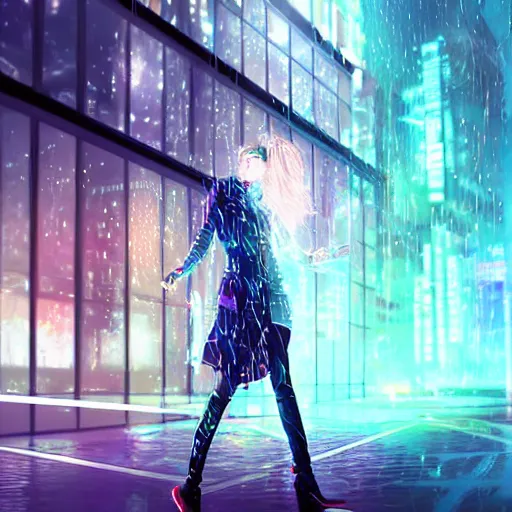 Image similar to hyperdetailed beautiful girl in the rain interacting with a holographic interface on a wall in a future cyber punk style city trending on cgsociety