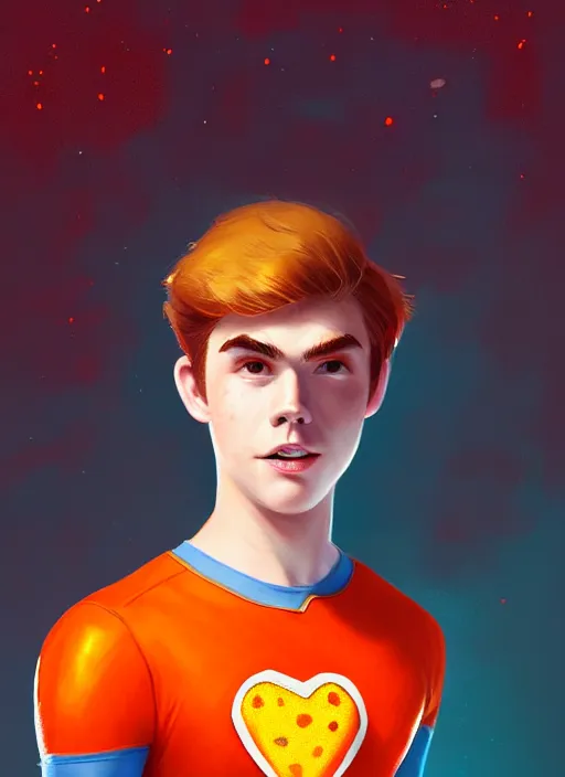 Image similar to friendly teenage archie andrews wearing an orange superhero costume with heart logo, freckles, superhero costume, heart emblem on chest, cape, intricate, elegant, glowing lights, highly detailed, digital painting, artstation, sharp focus, illustration, art by wlop, mars ravelo and greg rutkowski