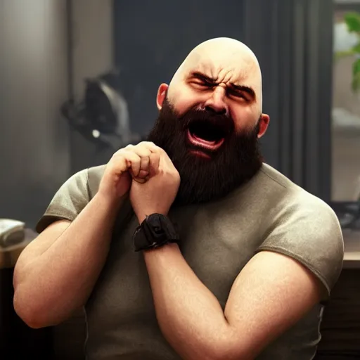 Image similar to a bald bearded man crying over a computer, angry crying, yelling, blizzard concept artists, ubisoft concept artists