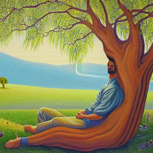 Image similar to painting of a peaceful man relaxing under a tree by alex grey, acrylic art, calm, soothing, cosy, elegant, soft light,