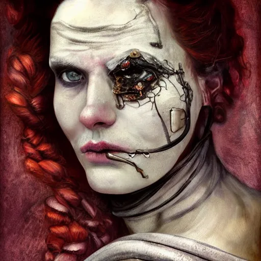 Image similar to portrait of a Shibari rope wrapped face and neck, headshot, insanely nice professional hair style, dramatic hair color, face paint half and half, digital painting, of a old 15th century, old cyborg merchant, amber jewels, baroque, ornate clothing, scifi, realistic, hyperdetailed, chiaroscuro, concept art, art by Franz Hals and Jon Foster and Ayami Kojima and Amano and Karol Bak,