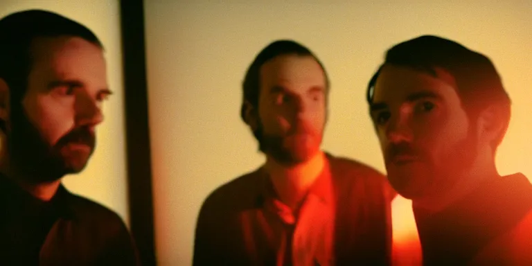 Image similar to photorealistic close up shot Cinematography of a Mike & Marcus from the band Boards Of Canada at night in a mid century modern apartment shot on film at magic hour with the sun shining into a room filled with volumetric haze by the shining Cinematographer john alcott on a cooke panchro 18mm lens .