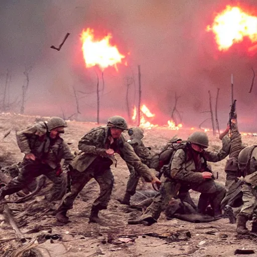 Image similar to american soldiers running at the camera with rifles during normandy beach landing with fiery explosions and debris and dead bodies and limbs all around them in the style of the movie lone survivor and saving private ryan, gritty, 4 k, cinematic lighting, rule of thirds, high power explosions causing bodies to explode with bloody pieces