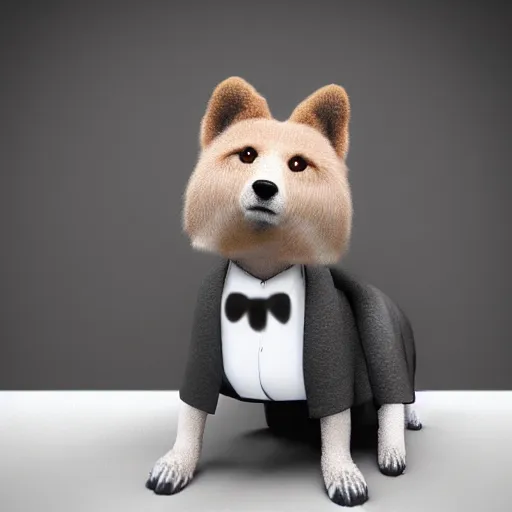 Image similar to “a realistic photo portrait of furry dog wearing a suit jacket, unreal engine”