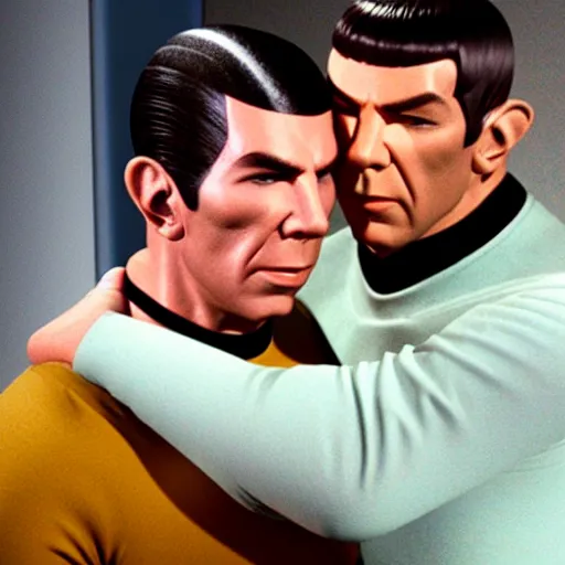 Prompt: Spock gives Kirk a hug