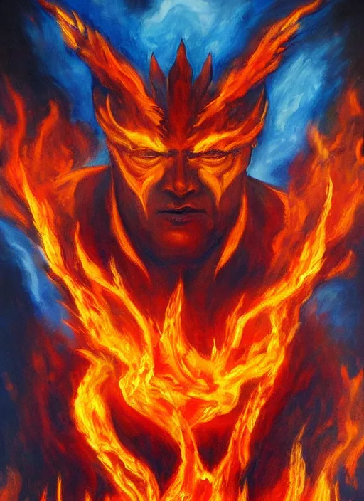 Prompt: the god of fire and brimstone. painting by caelan stokkermans and denys tsiperko