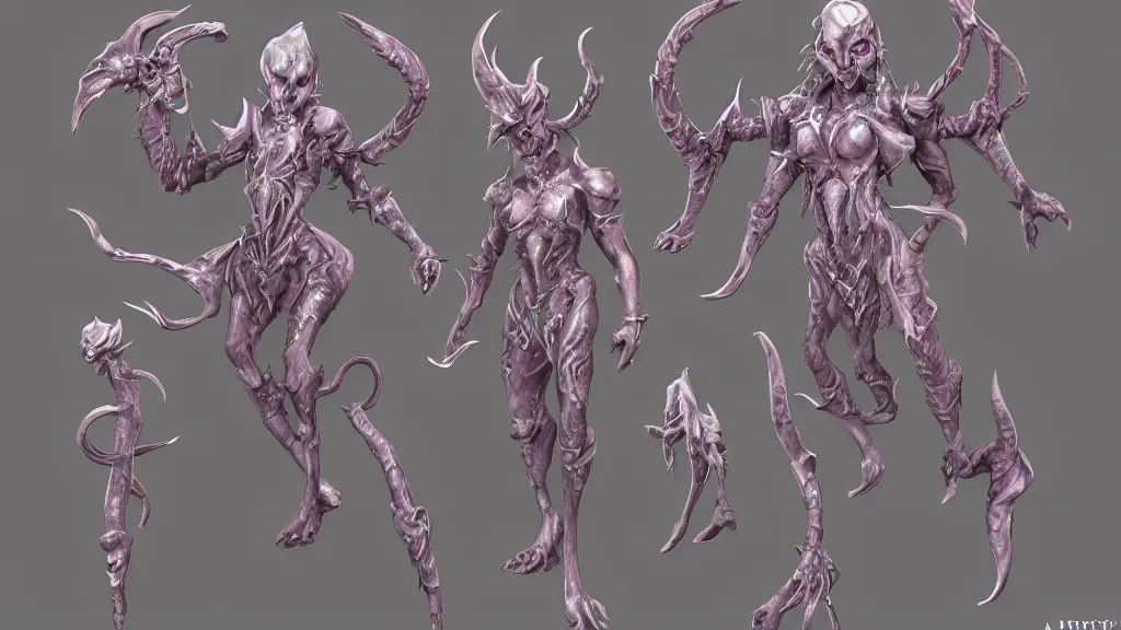 Image similar to a fantasy Bright iridescent ghost demon with four arms character design sheet, trending on artstation