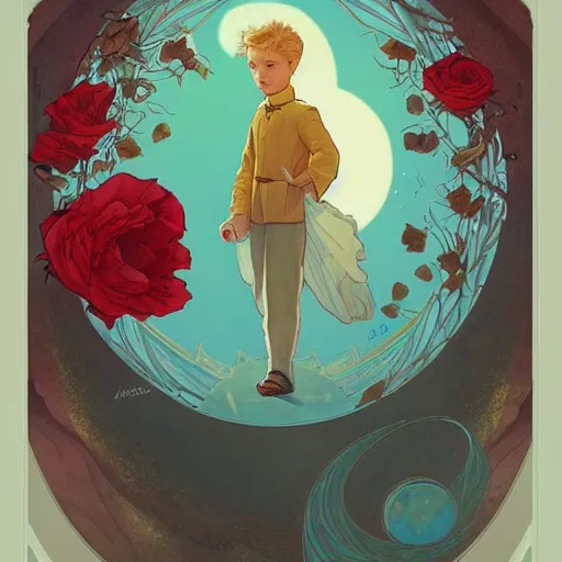 Image similar to the little prince, clear face, roses, foxes, poster, by andrei riabovitchev, shaun tan, alphonse mucha, and peter mohrbacher, trending on artstation, fairy tale cover