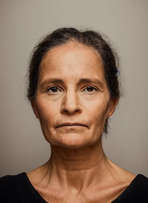 Prompt: portrait of a woman, symmetrical face, her name is judith, she has the beautiful calm face of her mother, slightly smiling, ambient light