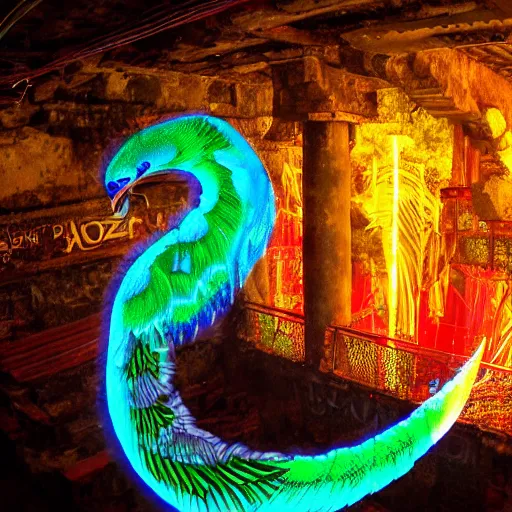 Image similar to glowing translucent quetzalcoatl in las pozas, cyberpunk, dark room, trending on artstation, 4 k close up, wide angle, cut out