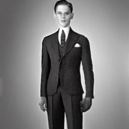 Image similar to A photograph portrait of Jerma985 wearing a suit with short slicked hair in the early 1930s, taken in the early 1930s, grainy, taken on a early 1930s Kodak Camera, realistic, hyperrealistic, very realistic, highly detailed, very detailed, extremely detailed, detailed, digital art, trending on artstation