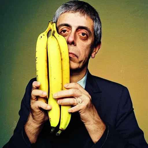 Prompt: Chico Buarque inside a train holding a banana, realistic picture, detaild, album cover 1986, amazing background