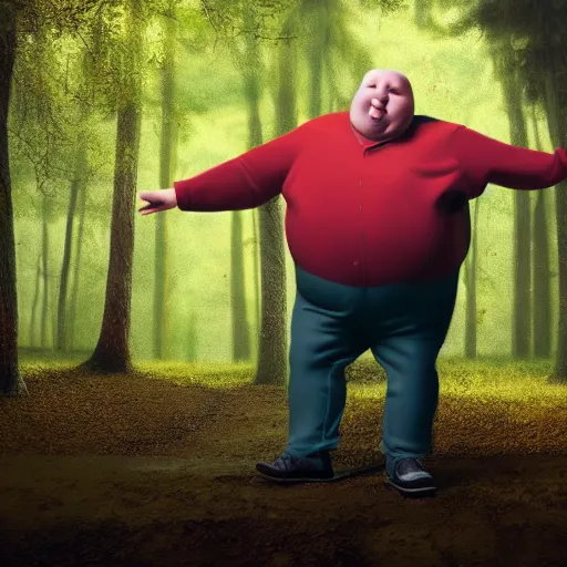 Image similar to fat happy man tap dancing on a table in a forrest, stunning detail, hyperreal rendering, octane render, highly detailed, cinematography atmosphere, dramatic, 4k