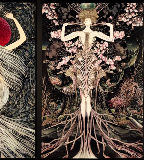 Image similar to still frame from Prometheus, bionic gaia sowing in blossoming mycelium gardens by Neri Oxman and alexander mcqueen, metal couture haute couture editorial by utagawa kuniyoshi by giger