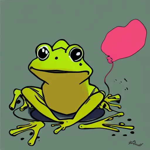 Image similar to peepo the frog!!!, crying on bed with laptop, in the style of lo-fi, dramatic,