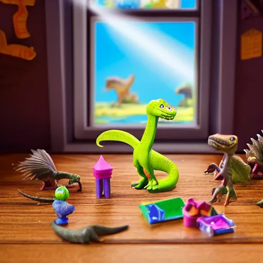 Image similar to dinosaur themed polly pocket playset, sat on a wooden study desk in front of a window, god rays, dust particles, photorealistic, aesthetic shot, worms eye view, macro camera lens, high definition, thematic, cinematic, lens flare