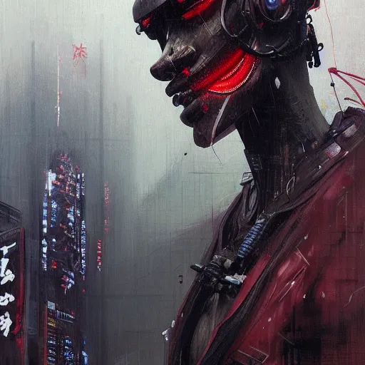 Image similar to a beautiful ukiyo painting of full body african cyberpunk blade runner, dramatic pose, wearing japanese techwear, detailed symmetrical, intricate complexity, concept art, by ismail inceoglu dragan bibin hans thoma greg rutkowski alexandros pyromallis nekro rene maritte illustrated, perfect face, fine details, realistic shaded, fine - face, pretty face