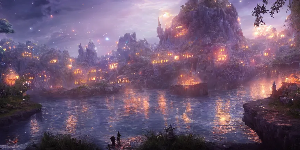 Image similar to beautiful and immersive magical town, magical buildings, bioluminescent forest surrounding, gentle rivers flowing through town, award - winning digital art on pixiv, trending on artstation - cinematic lighting, dramatic lighting, stunning and beautiful view - unbelievably amazing - highly detailed, hyperrealistic, unreal engine 5, in the style of kingdom hearts and final fantasy