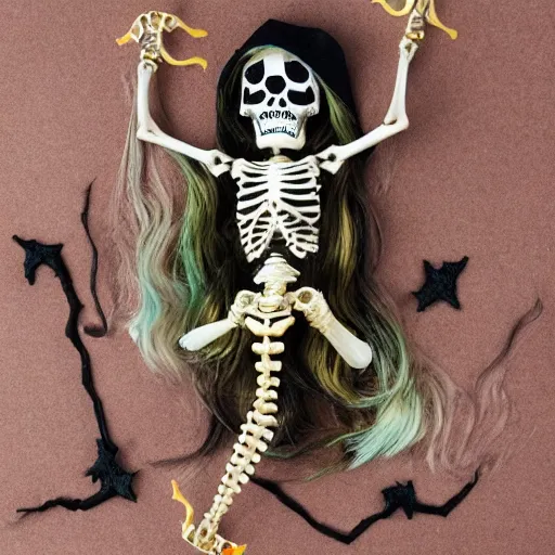 Image similar to stop motion bipedal halloween eel snake skeleton fantasy mermaid with a fish bone body, wearing a magic imbued mage top with gold accent jewelry, inside a handcrafted cardboard dock to look at the hand painted night sky full of glittery star stickers and glow in the dark star stickers over a shredded paper sea, adorable, charming, macro camera lens