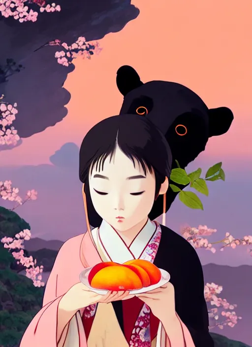 Prompt: painting of a girl wearing a kimono giving a peach to an giant anthropomorphic asian black bear, featured in artstation, octane render, cinematic, elegant, intricate, 8 k, close up, in the style of studio ghibli and heikala and alphonse mucha,