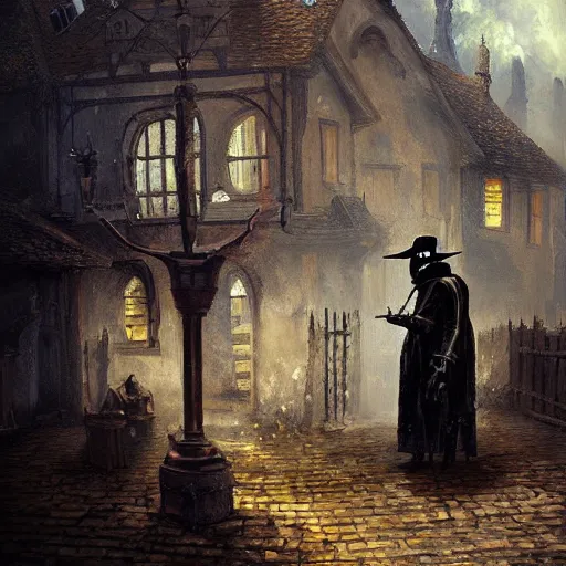 Image similar to steampunk plague doctor in medieval village, oil painting, by Greg Rutkowski