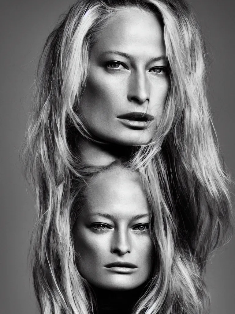 Prompt: fashion photography of carolyn murphy with symmetrical features and beautiful, flowing long blonde hair with a disdainful and arrogant expression, dark minimal outfit, photo 3 5 mm leica, hyperdetail, berghain, 8 k, very detailed, photo by nick knight