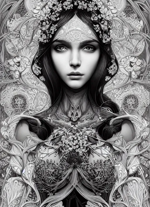 Prompt: the portrait of an unbelievably beautiful, elegant, sensual, and sophisticated young woman, an ultrafine detailed illustration by james jean, intricate linework, bright colors, final fantasy, behance contest winner, vanitas, angular, altermodern, unreal engine 5 highly rendered, ethereal, ominous, detailed and intricate environment