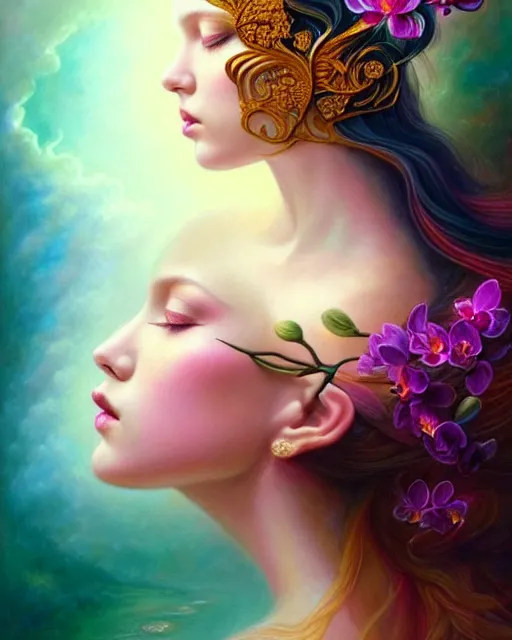 Image similar to portrait of the beautiful young goddess of orchids, unusual beauty, etheric, outworldly colours, emotionally evoking symbolic metaphors, head in focus, fantasy, ornamental, intricate, elegant, highly detailed hyperrealistic painting, artstation, concept art, painterly, golden ratio, sharp focus, illustration, art by anna dittman,