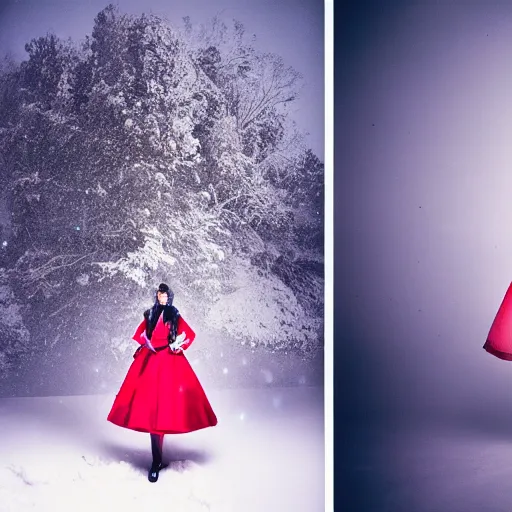 Image similar to medium format photograph of a surreal fashion shoot in the snow at night with camera flash