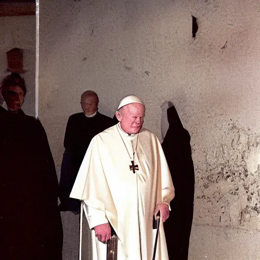 Image similar to award - winning photograph of john paul ii standing in the entrance to a small burning church building, at night, pitch black, christian cross