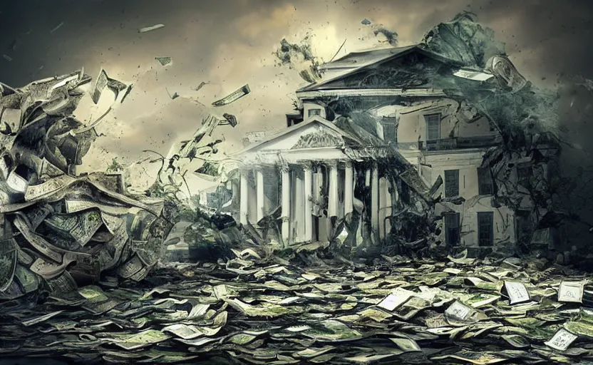 Prompt: A tornado made of cash hitting a government building, landscape art, concept art, intense