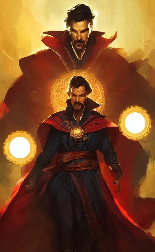 Prompt: Doctor Strange, long shadow, warm colors, by Greg Rutkowski, artstation