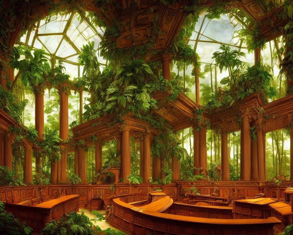 Prompt: an ornate courtroom in the rainforest by raphael and hopper. hyperdetailed, proportional, romantic, enchanting, achingly beautiful, graphic print, trending on artstation, jungle, tropical, foliage