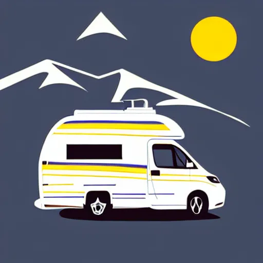 Image similar to minimal vector art sticker of a white and black cute thor chateau! motorhome camper!!, mountains, colorful sunset!!, dramatic, warm happy colors, thick lines, very minimal vector art, sticker!! by tom whalen