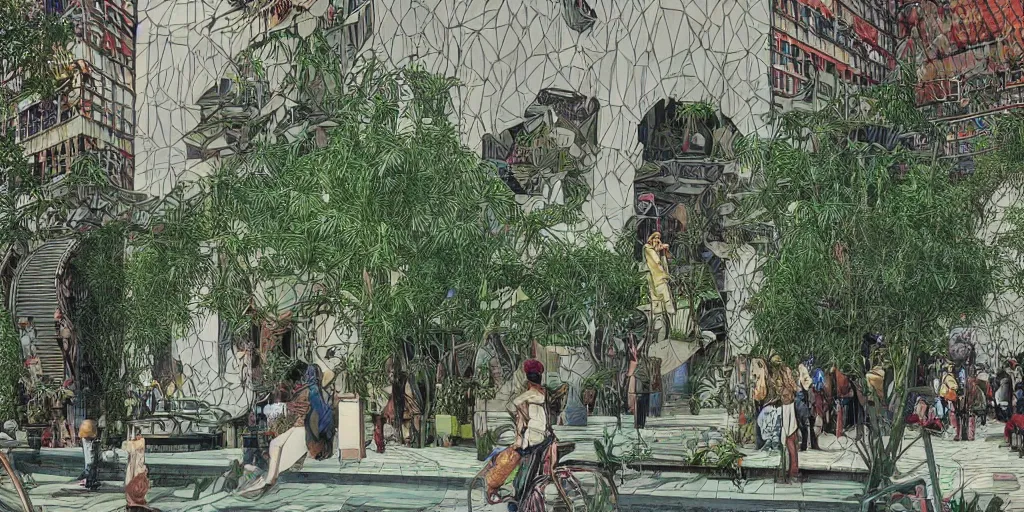 Image similar to masterpiece, graphic illustration of afro futurist florence courtyard designed by by frank lloyd wright architect, plants and trees on walkways low buildings, green energy, bicycles,, bill sienkiewicz, giant agapanthus flower from buildings wide angle, insanely detailed and intricate