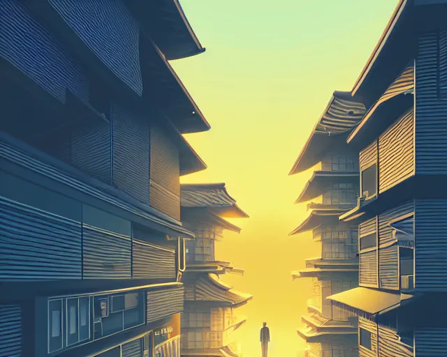 Image similar to tokyo suburb inspired by phillipe stark, art by mike winkelmann, golden hour, illustration, highly detailed, simple, smooth and clean vector curves, no jagged lines, vector art, smooth, artstation