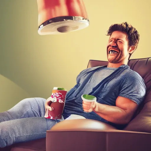 Image similar to A high definition photo of a happy and smiling incredible hulk drinking a cup of coffee on a couch in his living room, hyperdetailed, artstation, digital art, photorealism, accurate, 8k,