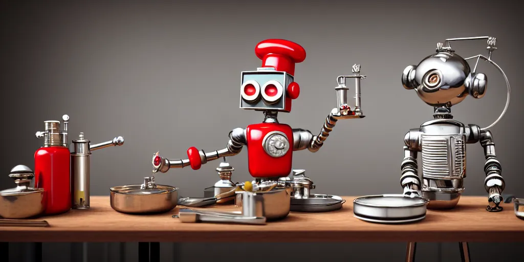 Prompt: closeup portrait of tin toy retro robot chef with flasks in a kitchen, cooking pastry with flasks, depth of field, zeiss lens, detailed, centered, fashion photoshoot, by nicoletta ceccoli, mark ryden, lostfish, breathtaking, 8 k resolution, extremely detailed, beautiful, establishing shot, artistic, hyperrealistic, octane render