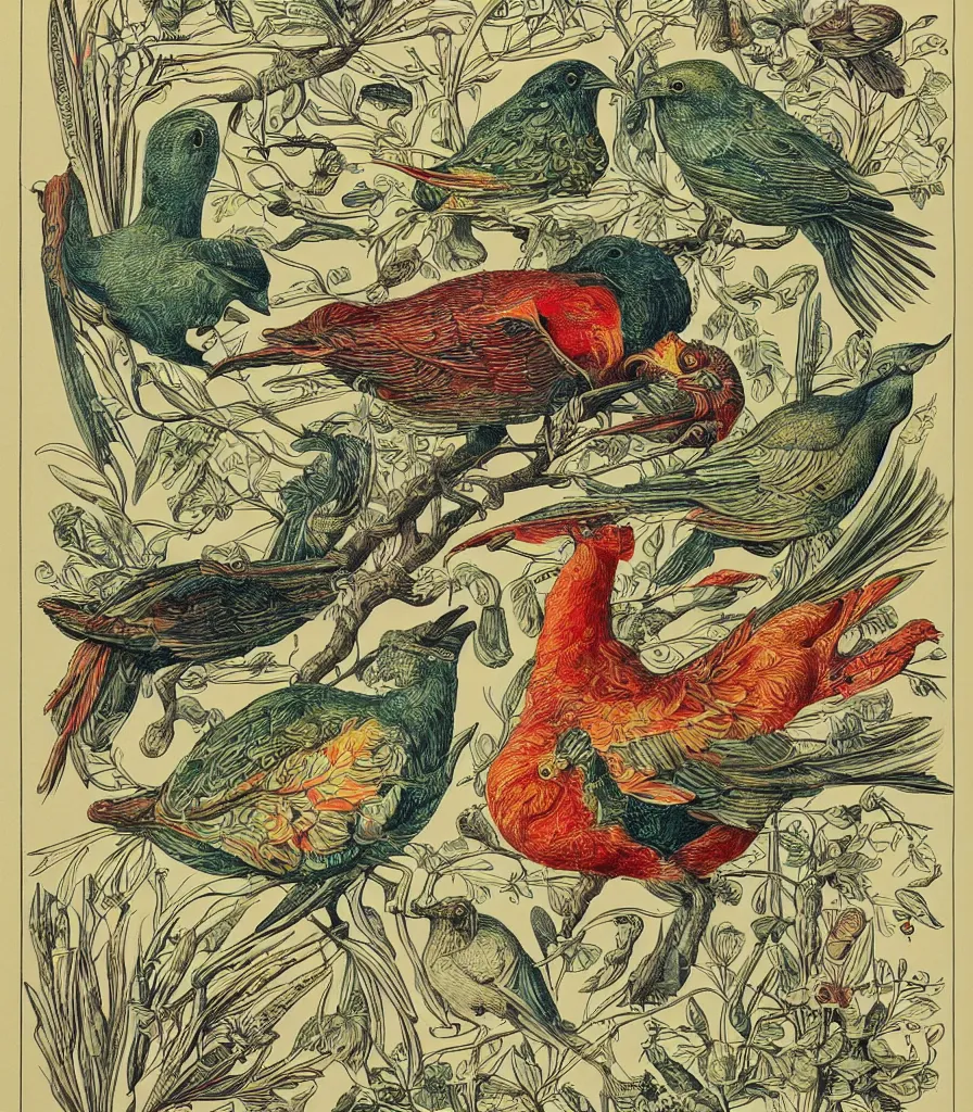 Prompt: brilliant alien birds color scientific illustration by Ernst Haekel, color illustration with orthographic views