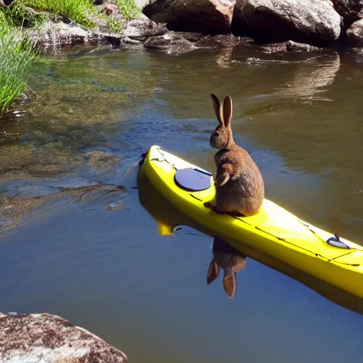 Image similar to a rabbit kayaking on a small river, photorealism 4k