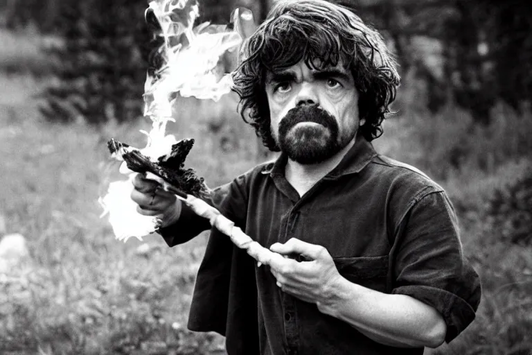 Image similar to peter dinklage holding a flare fighting smokey the bear, movie still, from the new sleepaway camp movie, 8 k, realistic